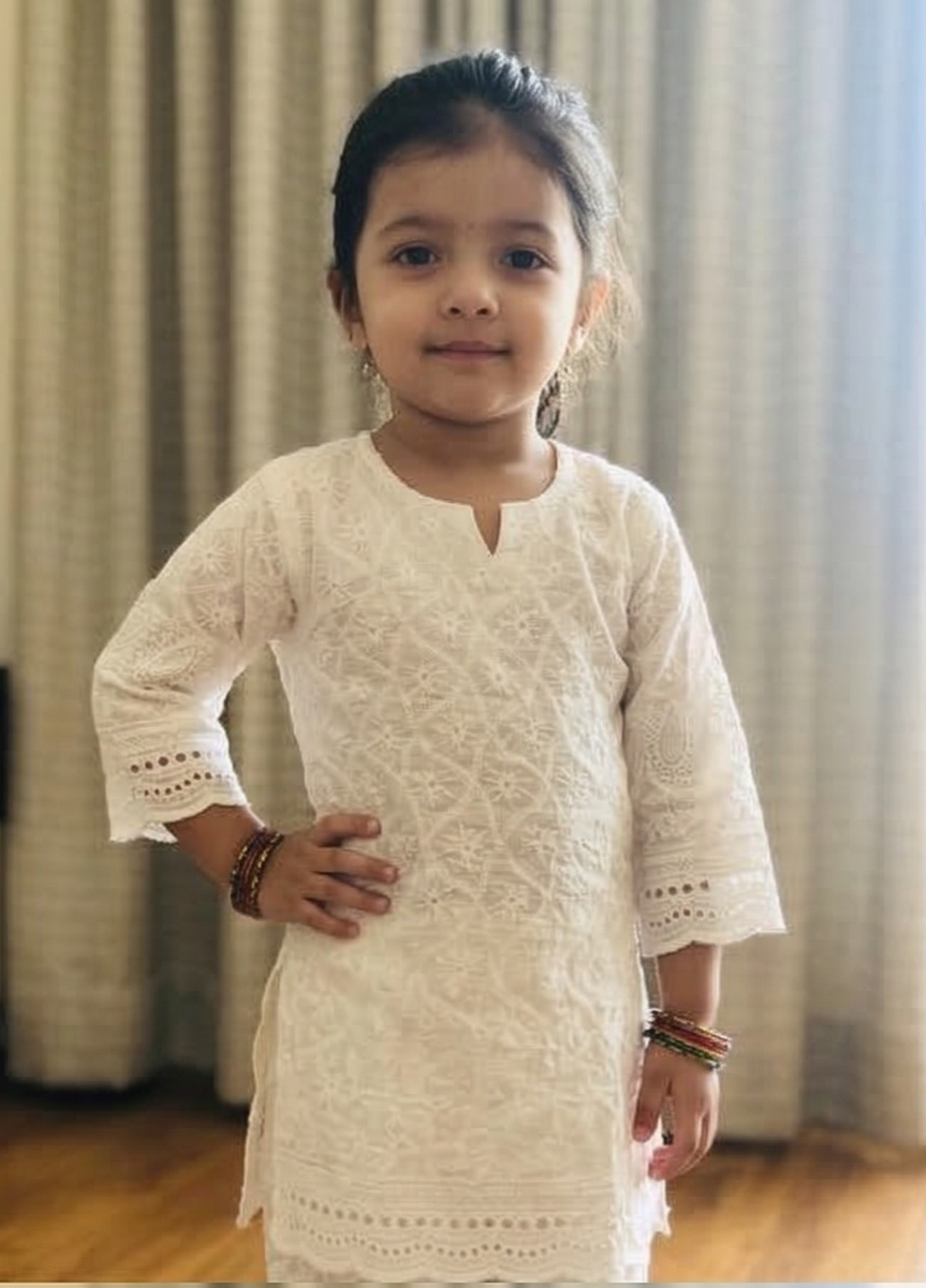 White Chikankari Embroidered Kids Kurta Set with Sequin Work