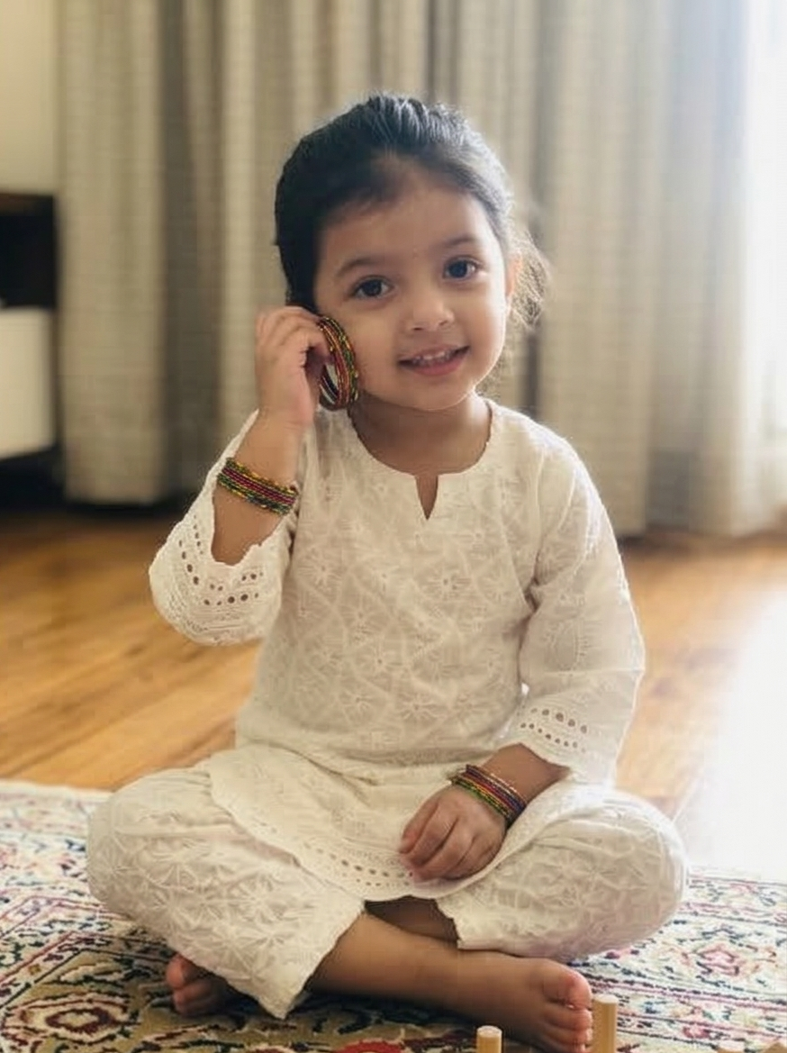 White Chikankari Embroidered Kids Kurta Set with Sequin Work