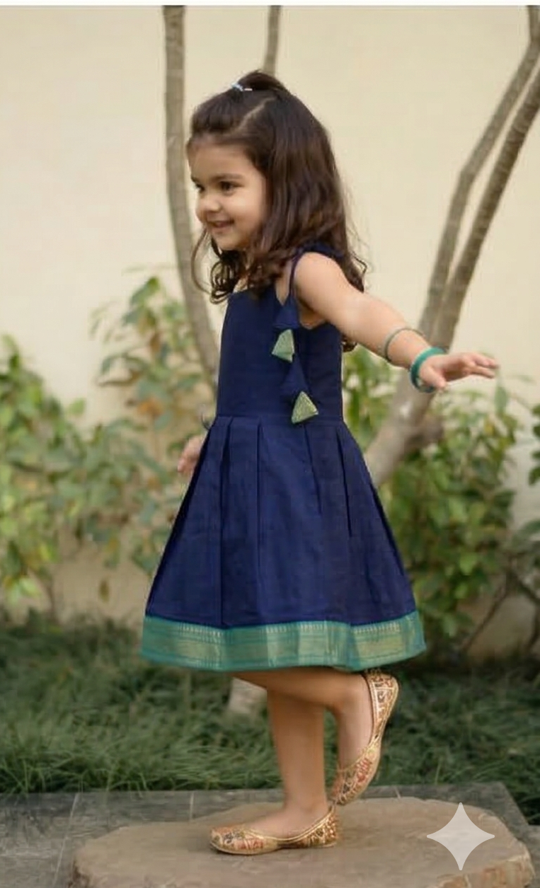 Navy Blue Chanderi Cotton Kids Frock with Jacquard Border