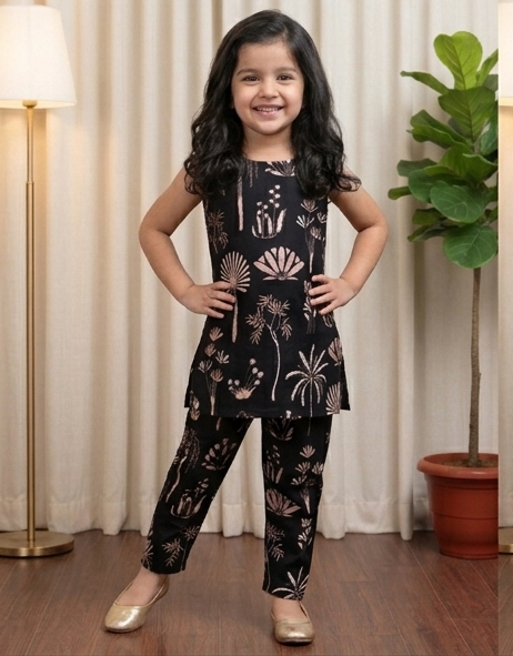 Slub Rayon Printed Kids Kurta & Pant Set