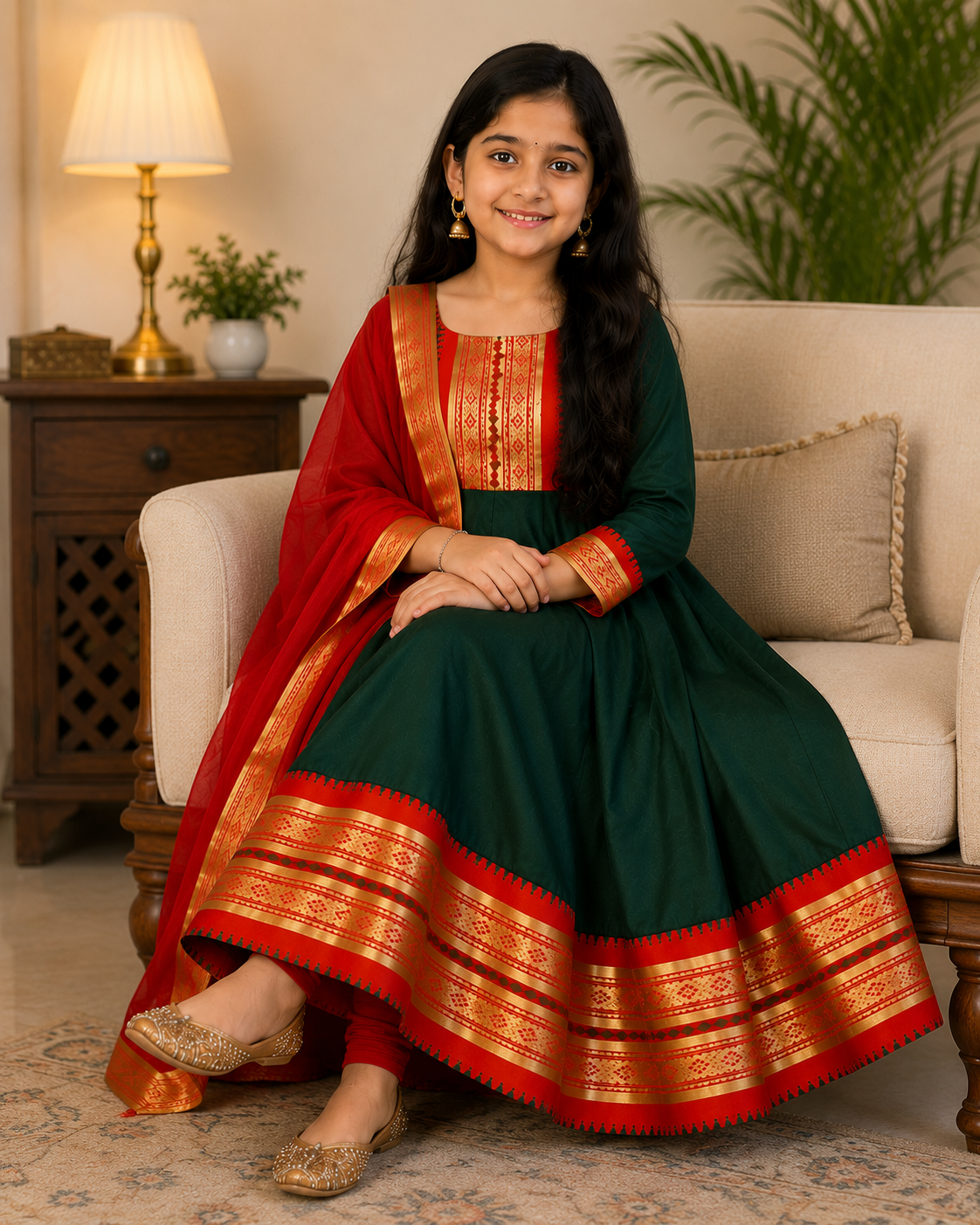 Adorable Bottle Green Girls' Anarkali Suit with Contrast Red Dupatta
