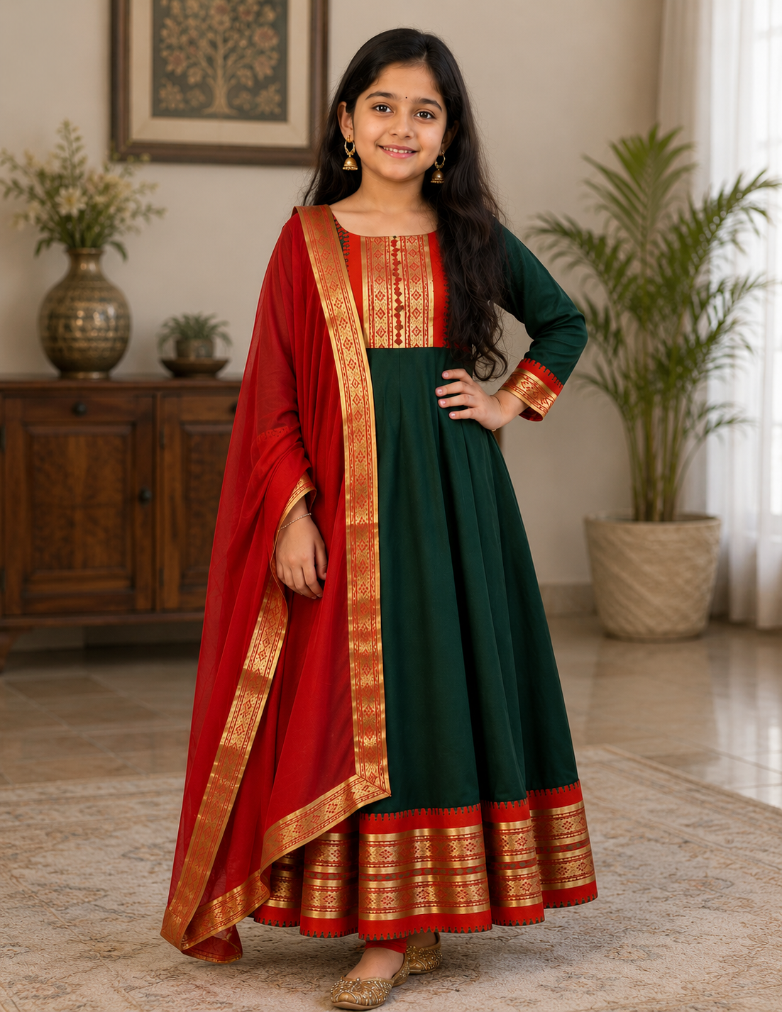 Adorable Bottle Green Girls' Anarkali Suit with Contrast Red Dupatta