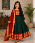 Adorable Bottle Green Girls' Anarkali Suit with Contrast Red Dupatta