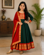Adorable Bottle Green Girls' Anarkali Suit with Contrast Red Dupatta