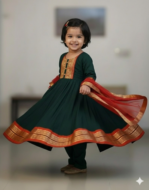 Adorable Bottle Green Girls' Anarkali Suit with Contrast Red Dupatta