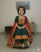 Adorable Bottle Green Girls' Anarkali Suit with Contrast Red Dupatta