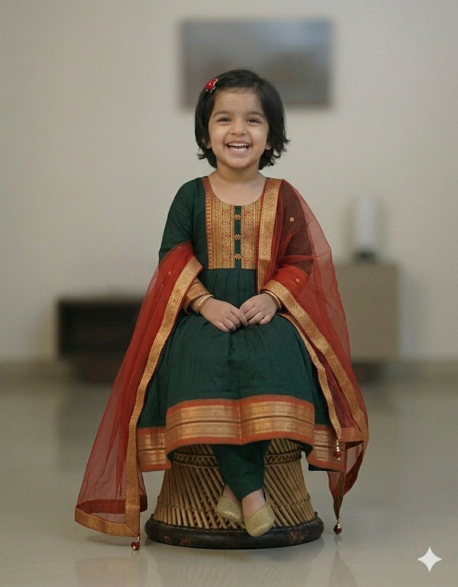 Adorable Bottle Green Girls' Anarkali Suit with Contrast Red Dupatta