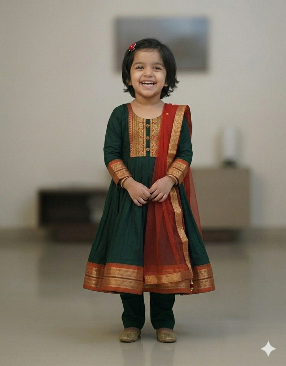 Adorable Bottle Green Girls' Anarkali Suit with Contrast Red Dupatta