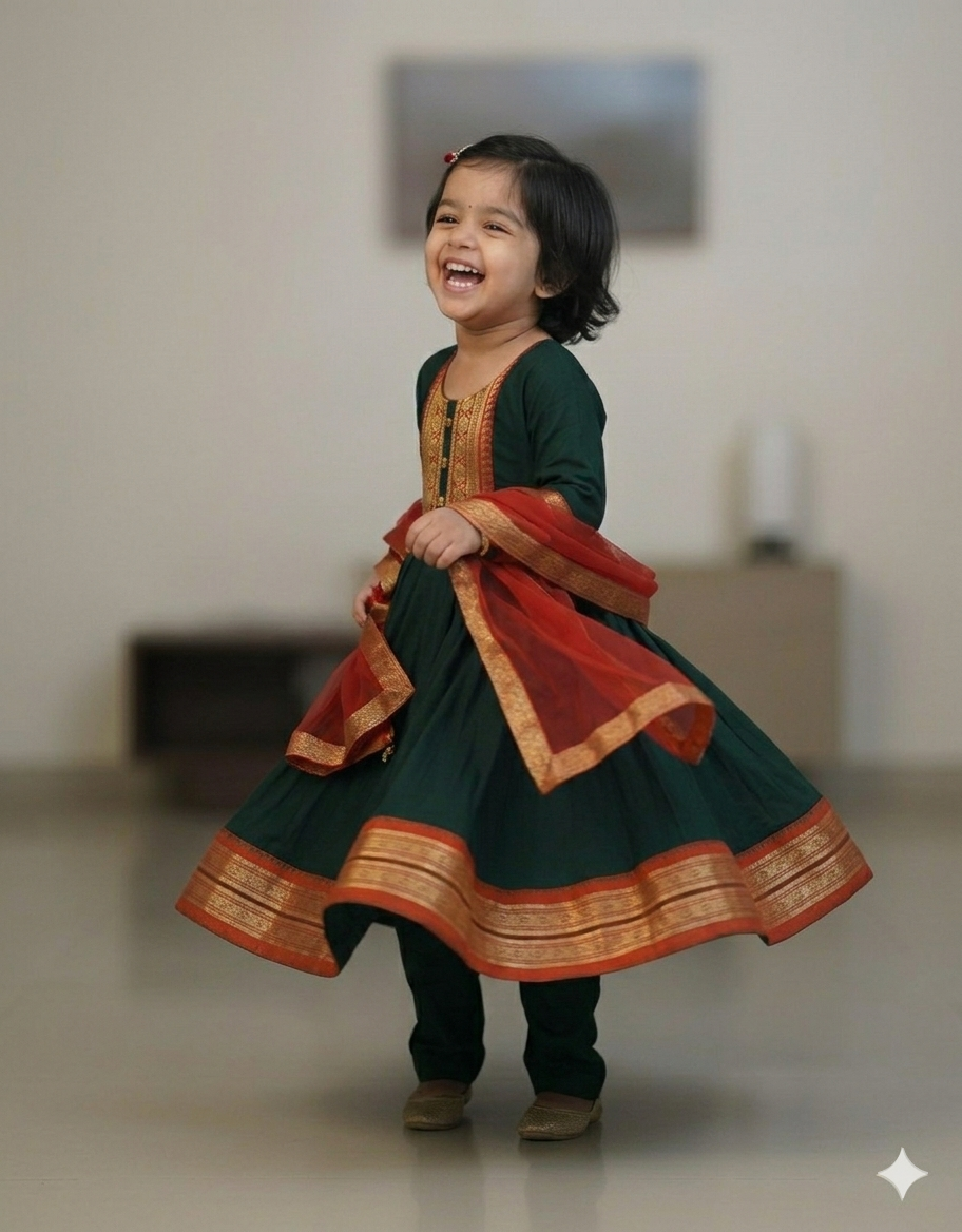 Adorable Bottle Green Girls' Anarkali Suit with Contrast Red Dupatta