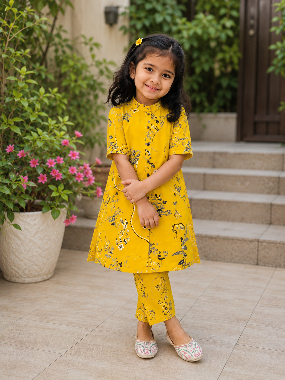 Slub Rayon Printed Kids Kurta & Pant Set