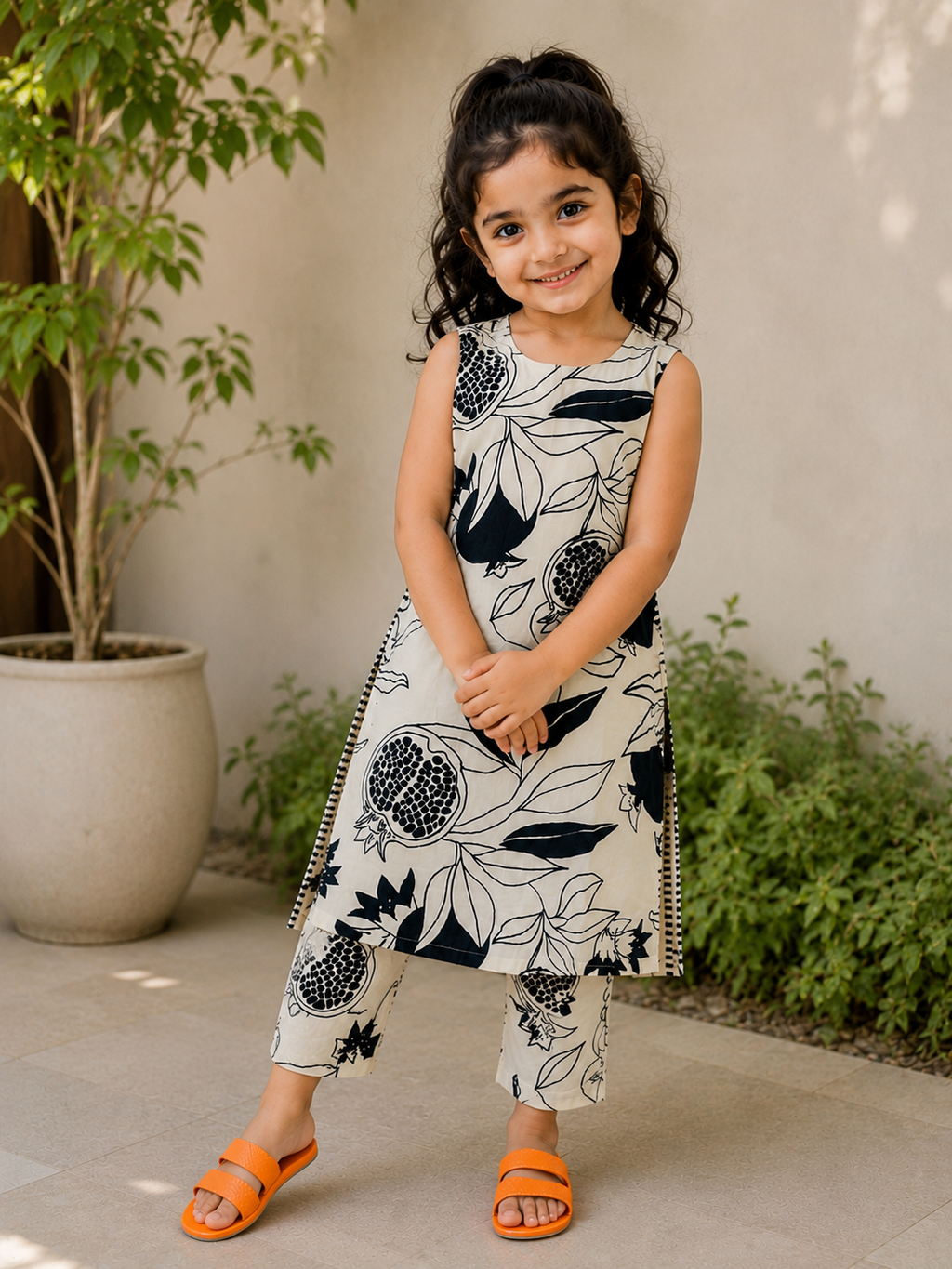 Slub Rayon Printed Kids Kurta & Pant Set – Cream and Black