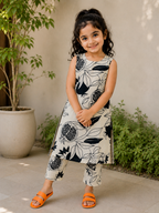 Slub Rayon Printed Kids Kurta & Pant Set – Cream and Black