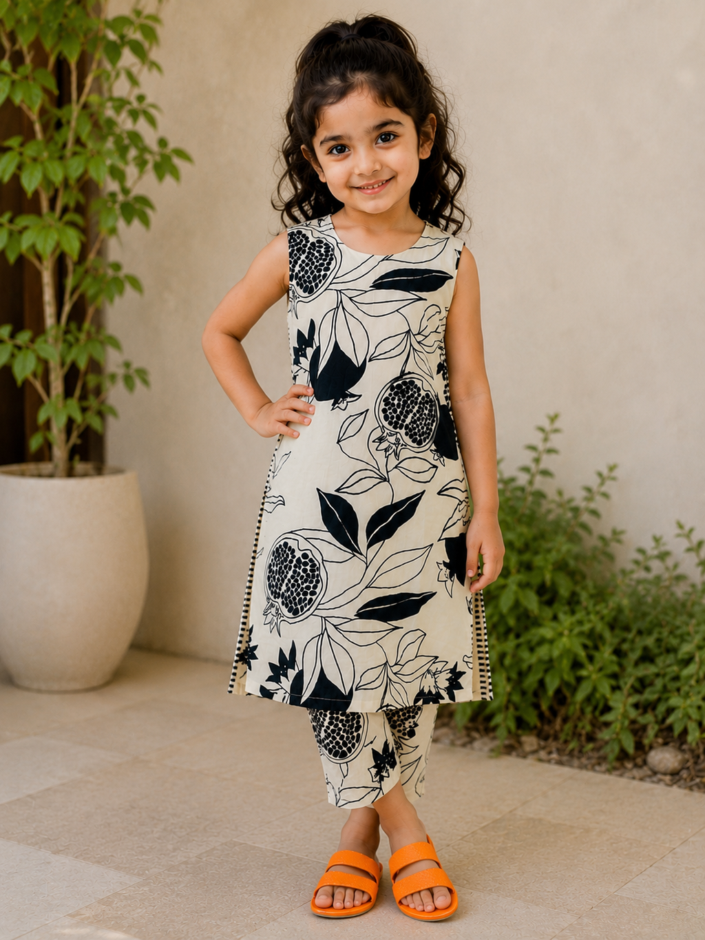 Slub Rayon Printed Kids Kurta & Pant Set – Cream and Black