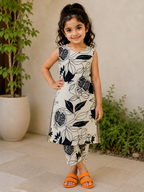 Slub Rayon Printed Kids Kurta & Pant Set – Cream and Black