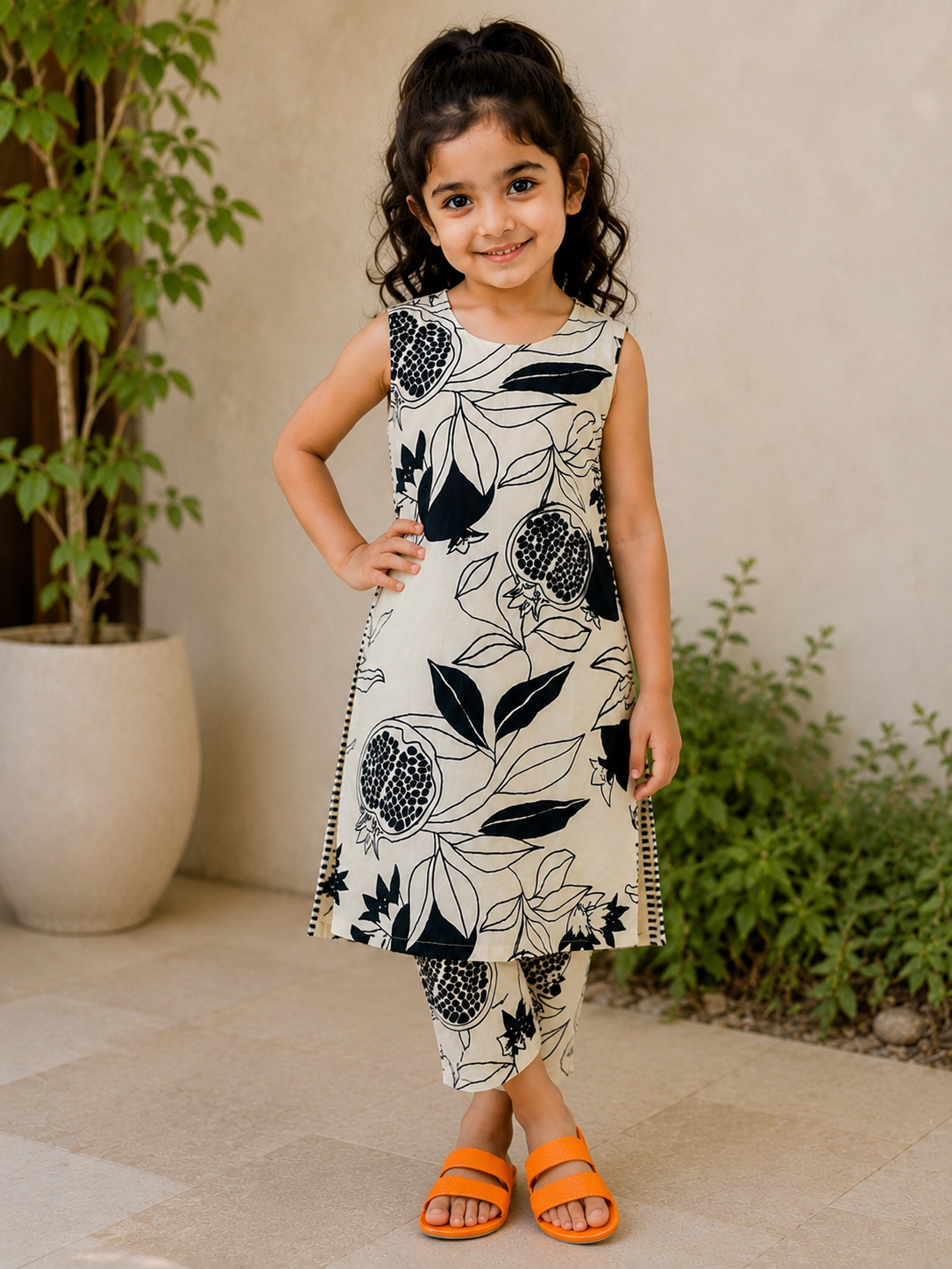 Slub Rayon Printed Kids Kurta & Pant Set – Cream and Black