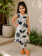 Slub Rayon Printed Kids Kurta & Pant Set – Cream and Black