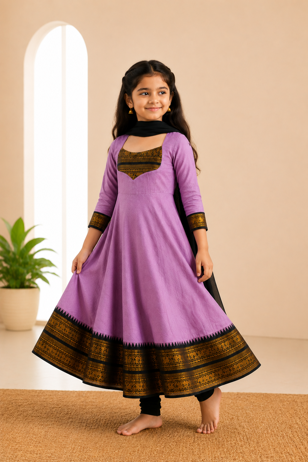 Girls Festive Cotton Blend Anarkali Set With Duppata