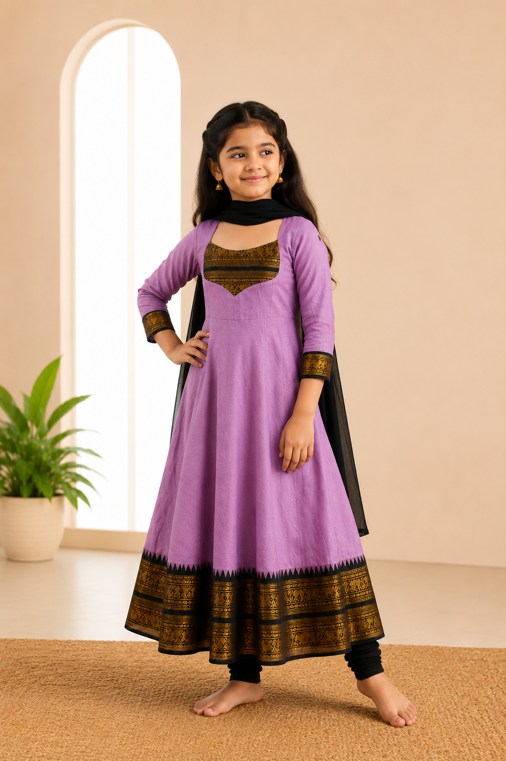 Girls Festive Cotton Blend Anarkali Set With Duppata