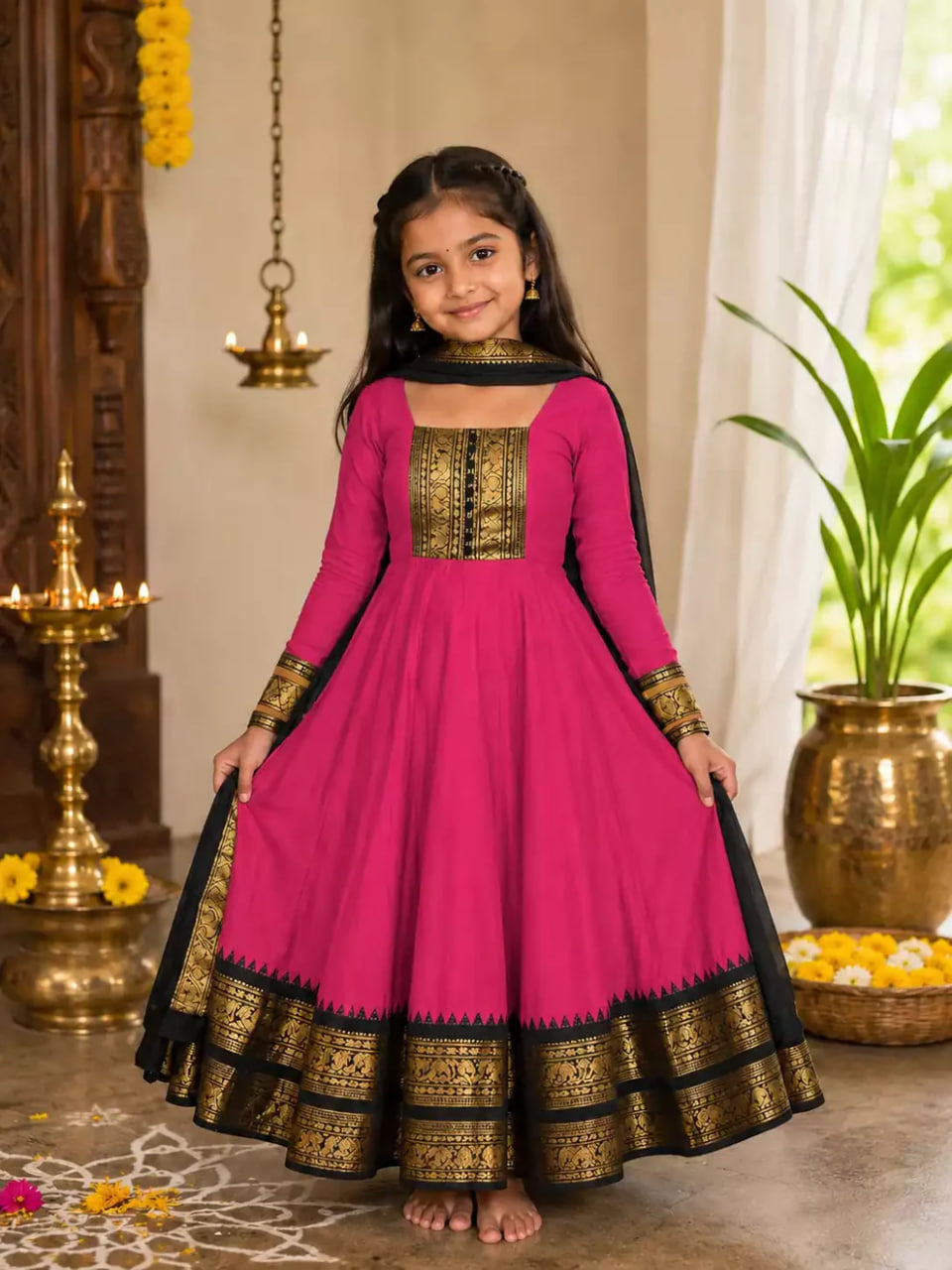 Girls Festive Cotton Blend Anarkali Set With Duppata