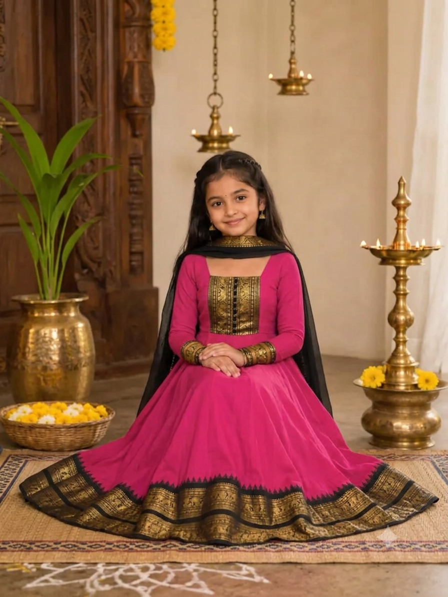 Girls Festive Cotton Blend Anarkali Set With Duppata