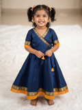 Navy Blue Chanderi Cotton Kids Frock with Jacquard Border