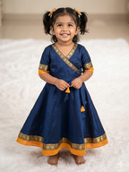 Navy Blue Chanderi Cotton Kids Frock with Jacquard Border