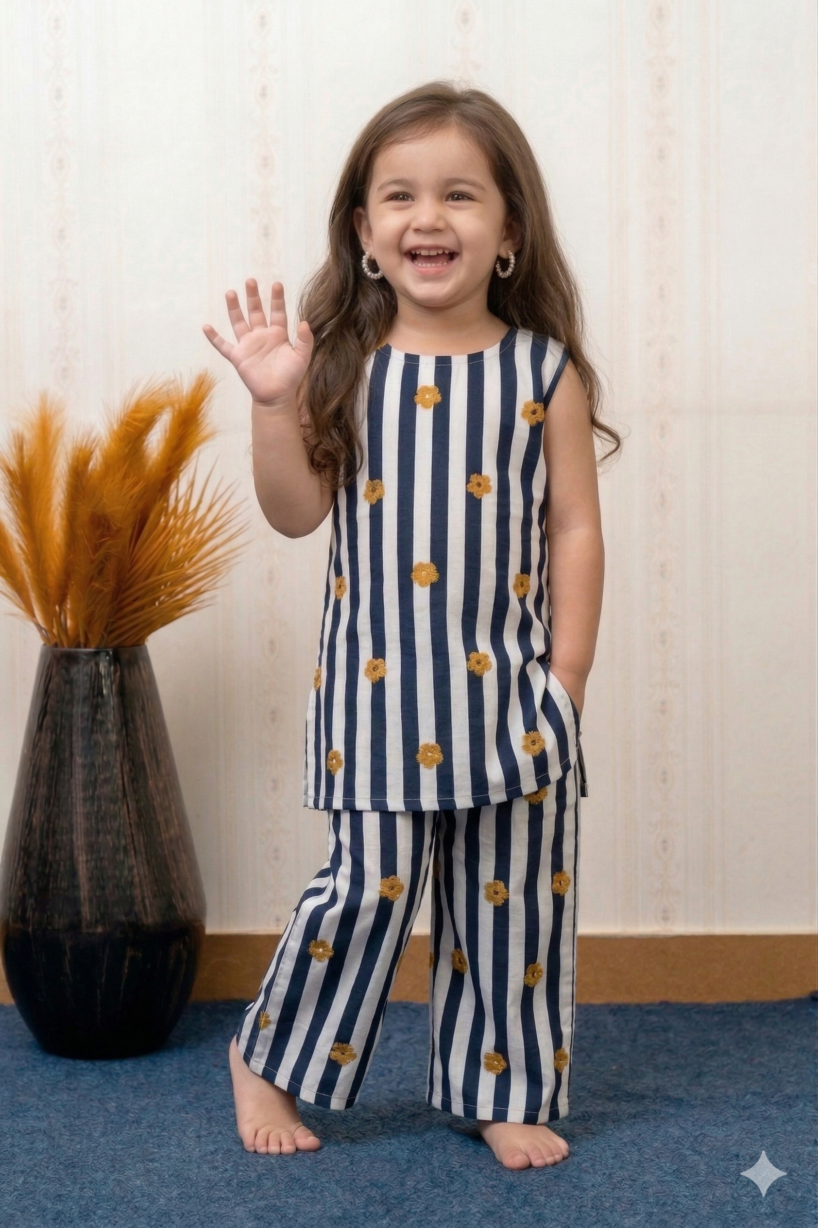 Stripe Bloom Slub Rayon Kurta Pant Set