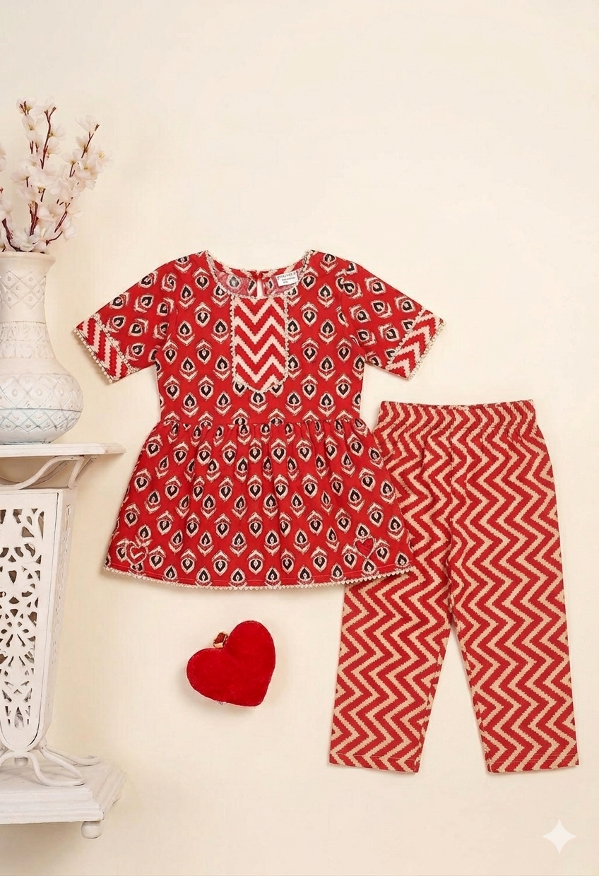 Kids Red Printed Rayon Co-Ord Set