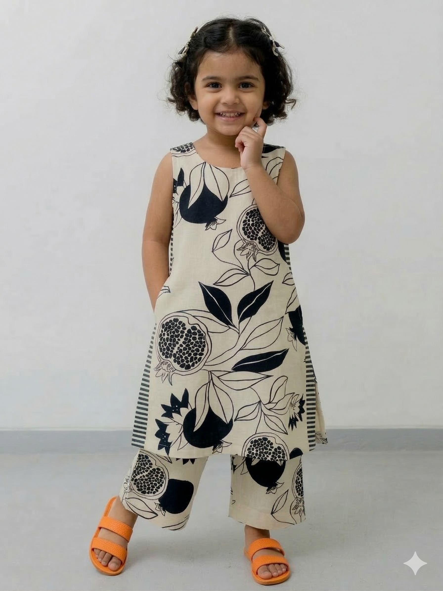 Slub Rayon Printed Kids Kurta & Pant Set – Cream and Black