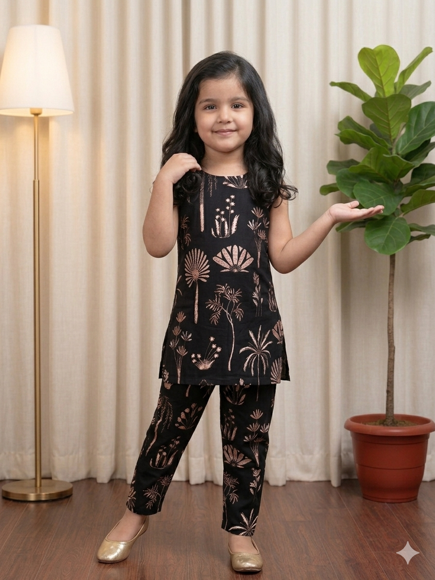 Slub Rayon Printed Kids Kurta & Pant Set