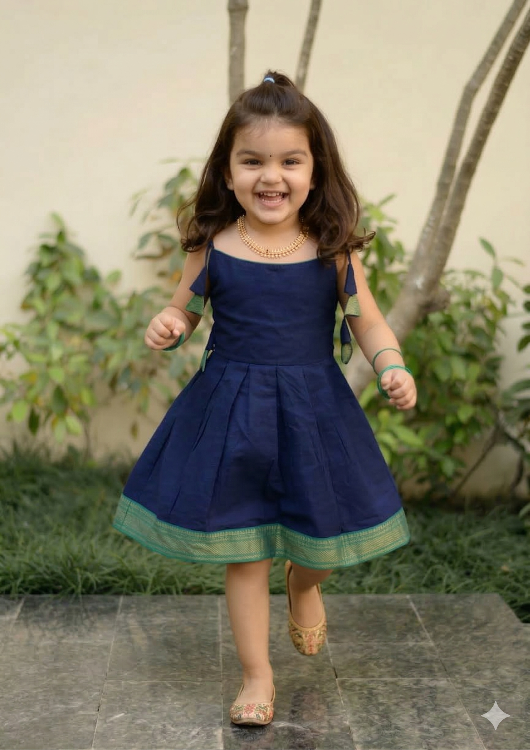 Navy Blue Chanderi Cotton Kids Frock with Jacquard Border