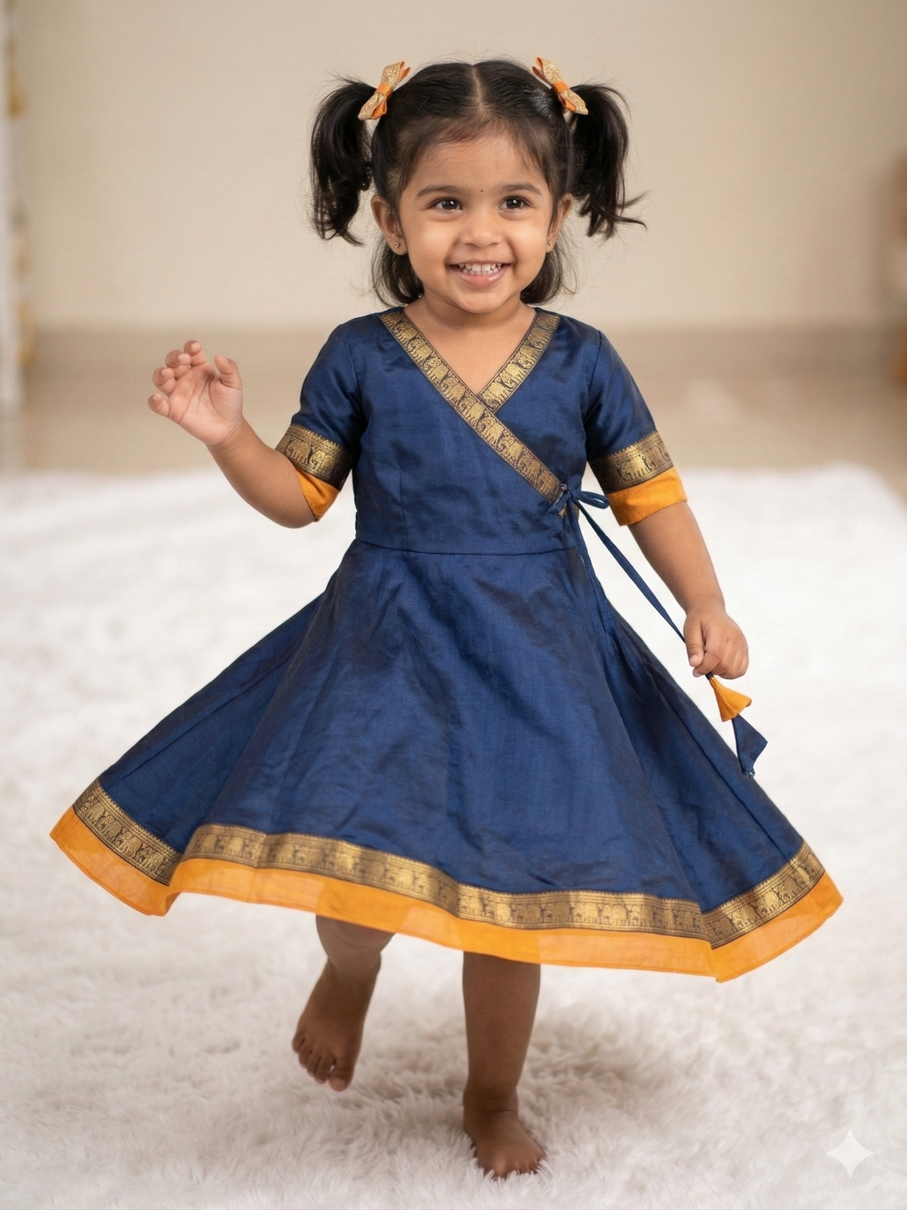 Navy Blue Chanderi Cotton Kids Frock with Jacquard Border