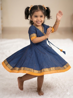 Navy Blue Chanderi Cotton Kids Frock with Jacquard Border