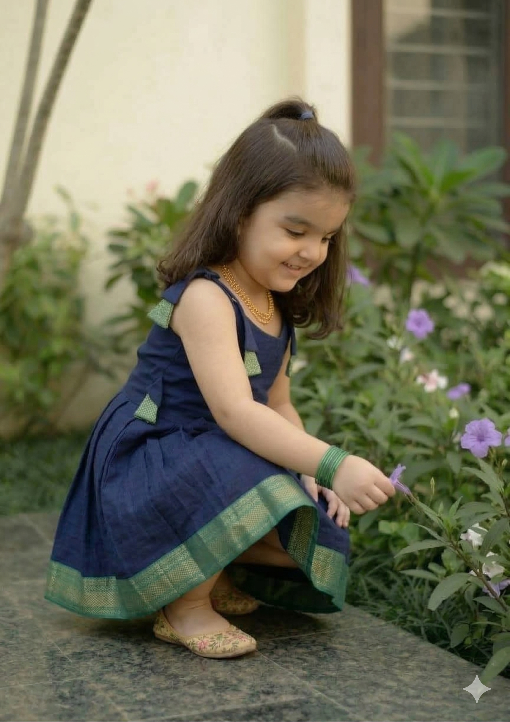 Navy Blue Chanderi Cotton Kids Frock with Jacquard Border