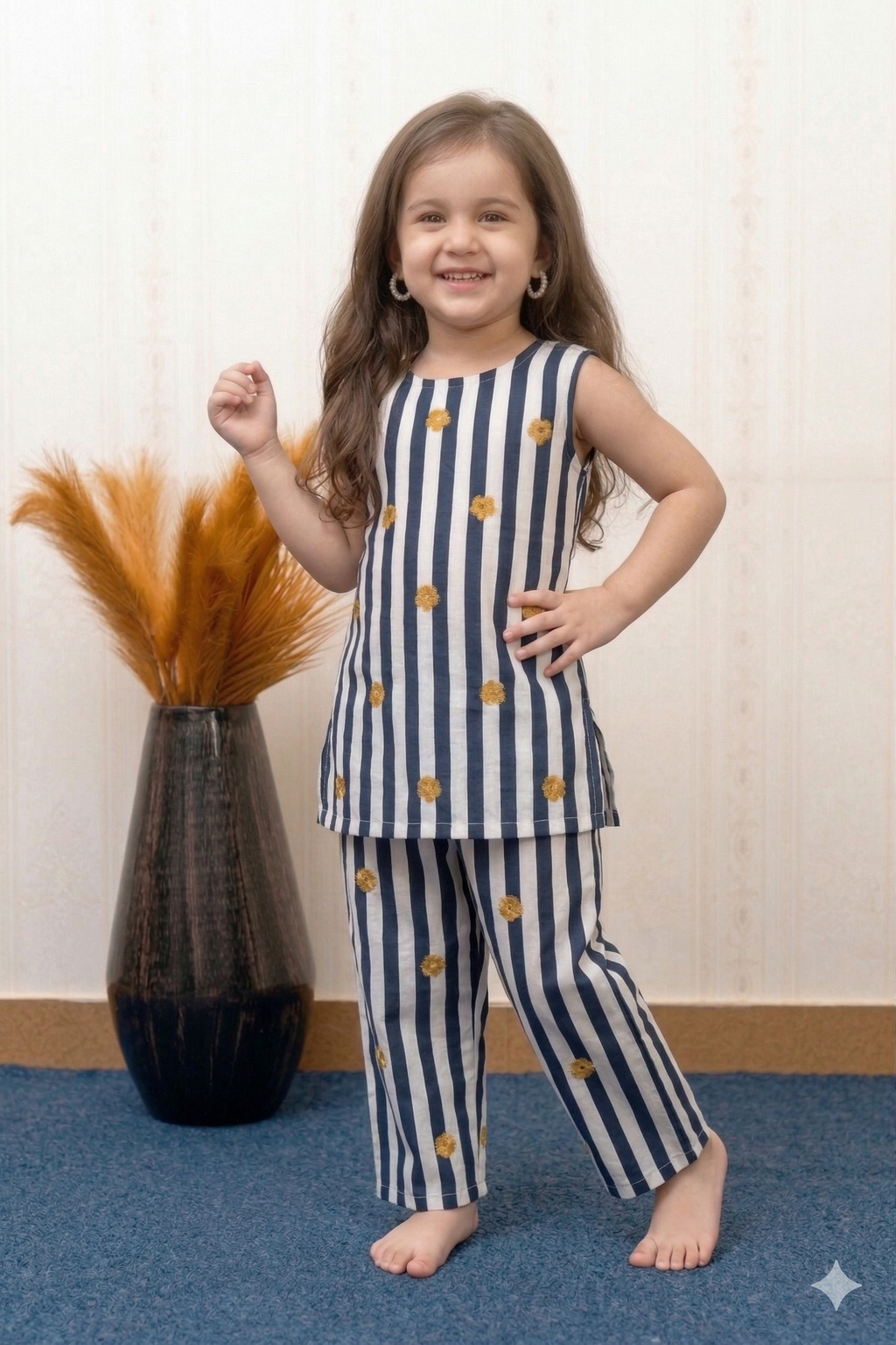 Stripe Bloom Slub Rayon Kurta Pant Set