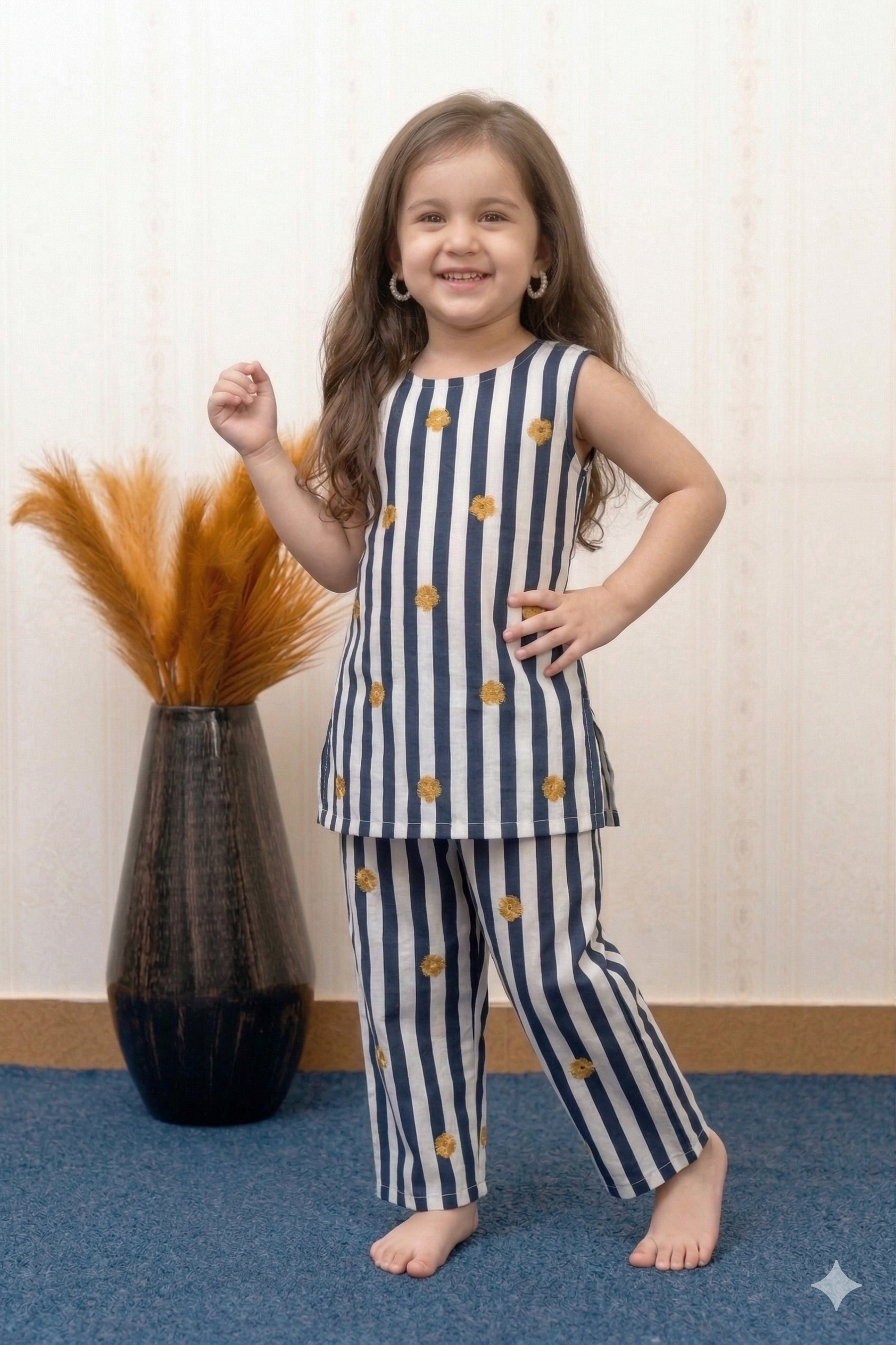 Stripe Bloom Slub Rayon Kurta Pant Set