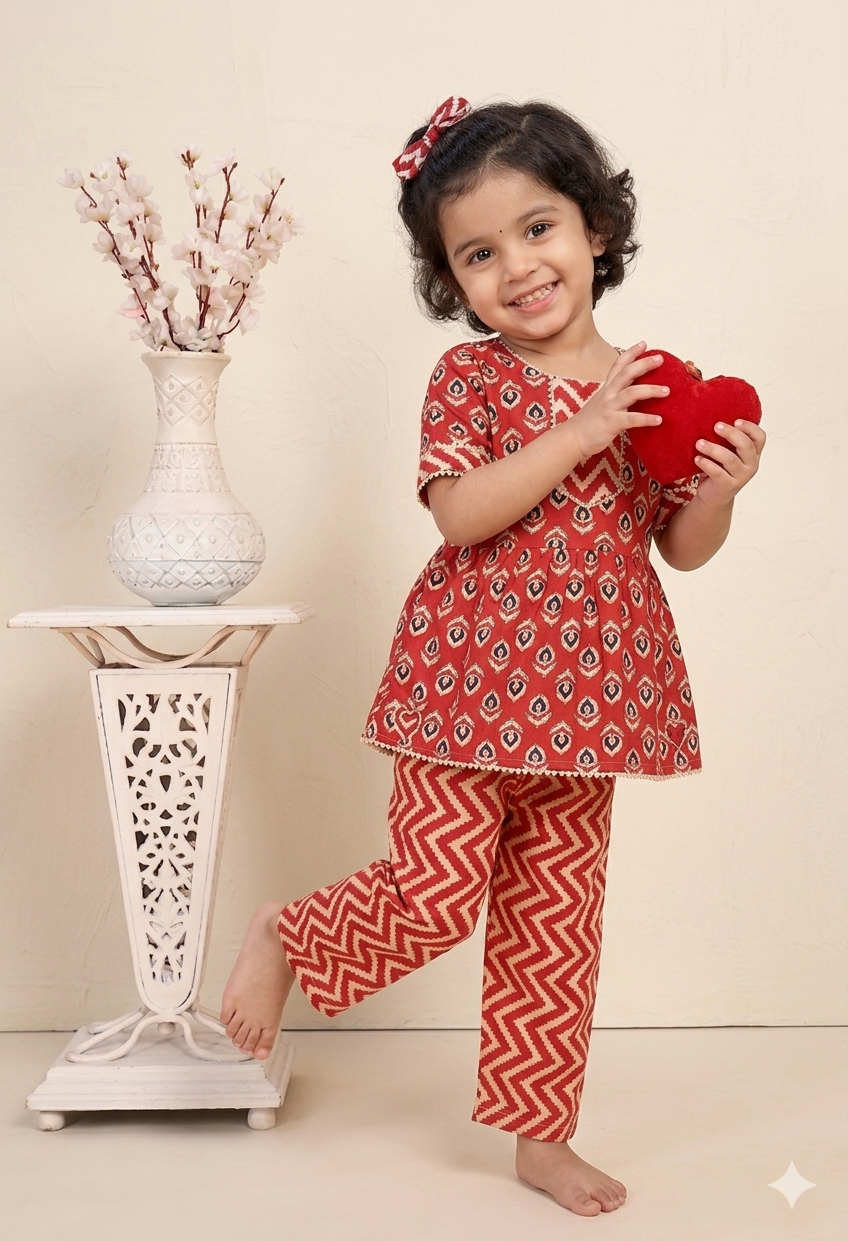 Kids Red Printed Rayon Co-Ord Set