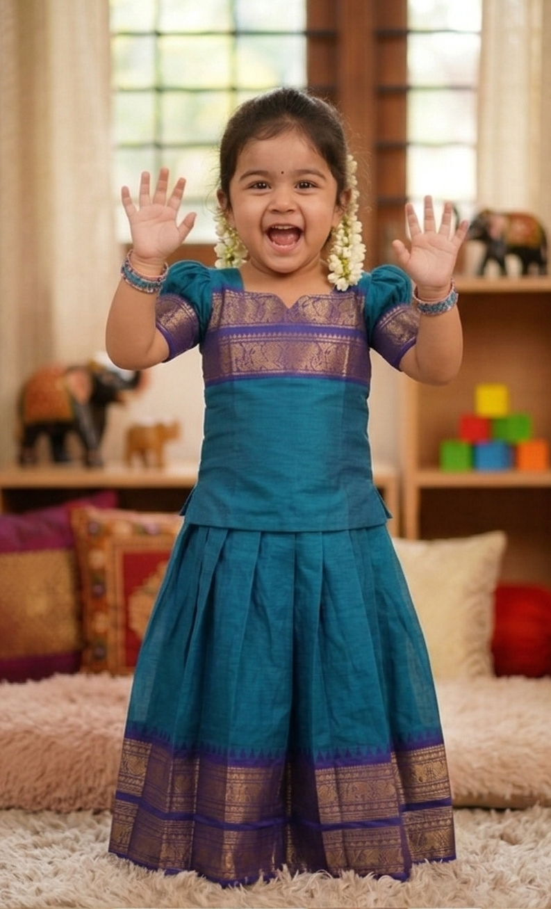 Chanderi Cotton Kids Top & Skirt Set with Jacquard Border Work