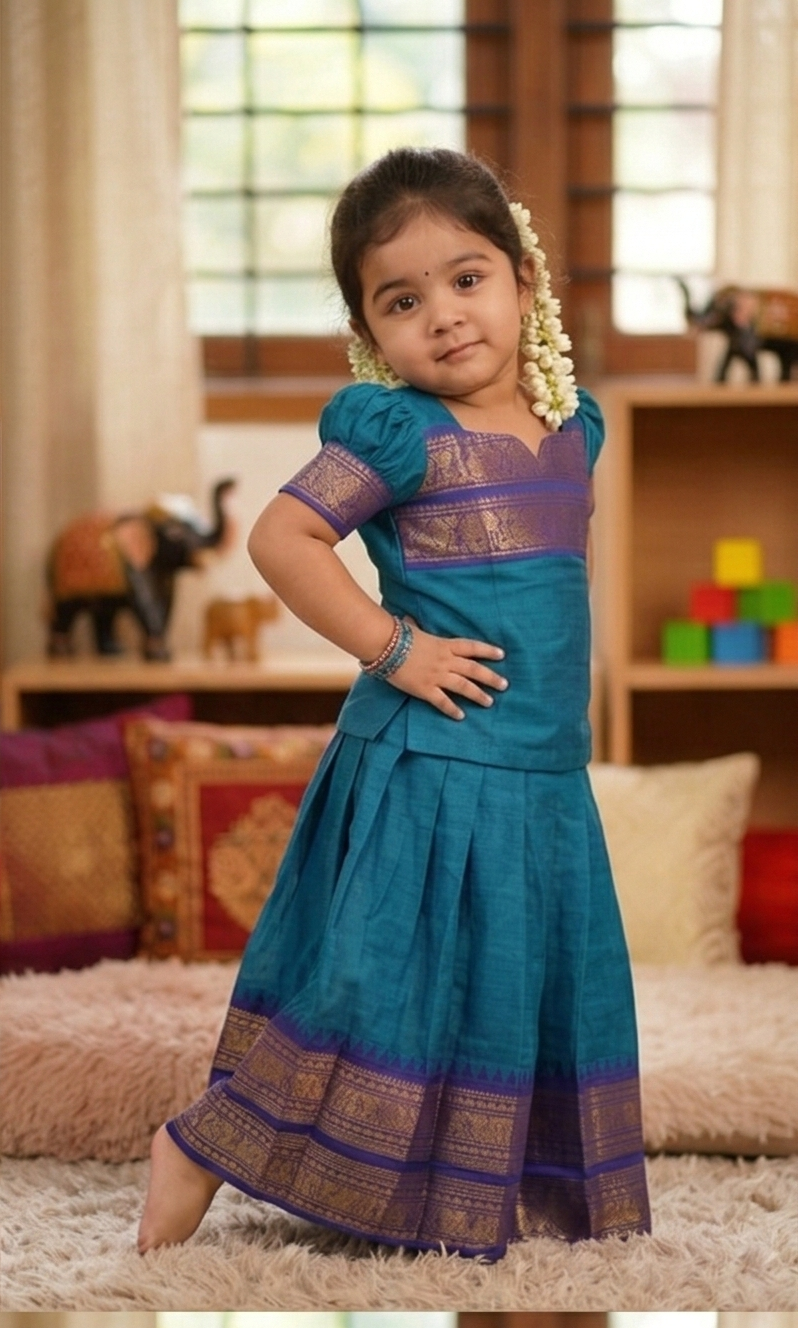 Chanderi Cotton Kids Top & Skirt Set with Jacquard Border Work