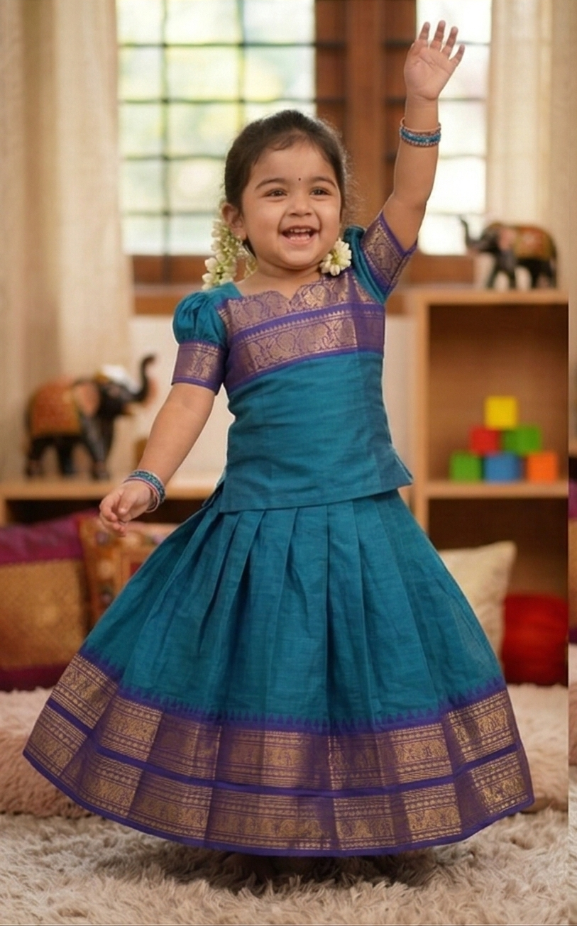Chanderi Cotton Kids Top & Skirt Set with Jacquard Border Work