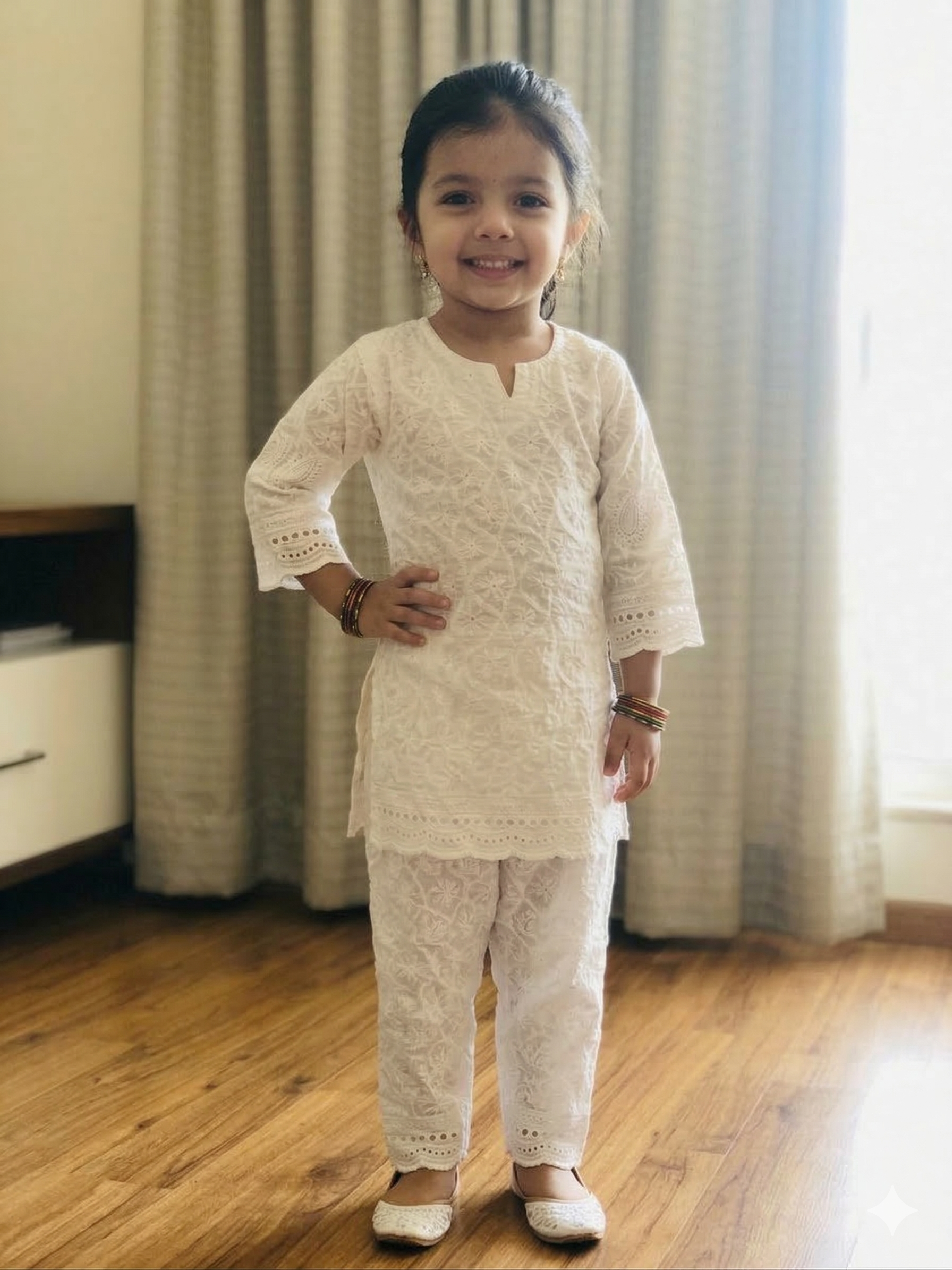 White Chikankari Embroidered Kids Kurta Set with Sequin Work