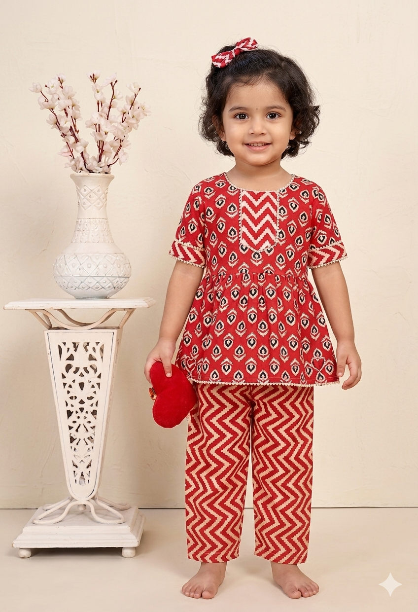 Kids Red Printed Rayon Co-Ord Set