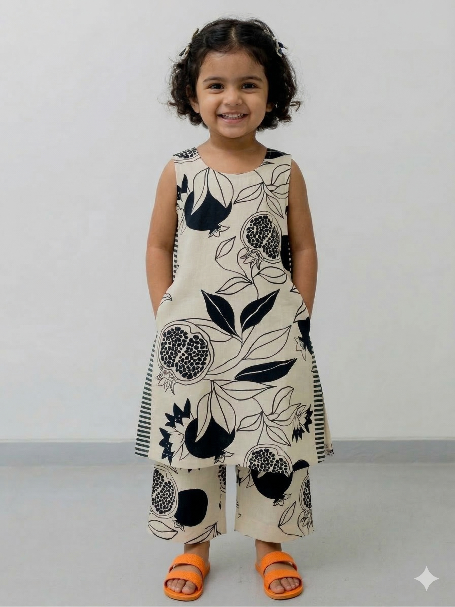 Slub Rayon Printed Kids Kurta & Pant Set – Cream and Black