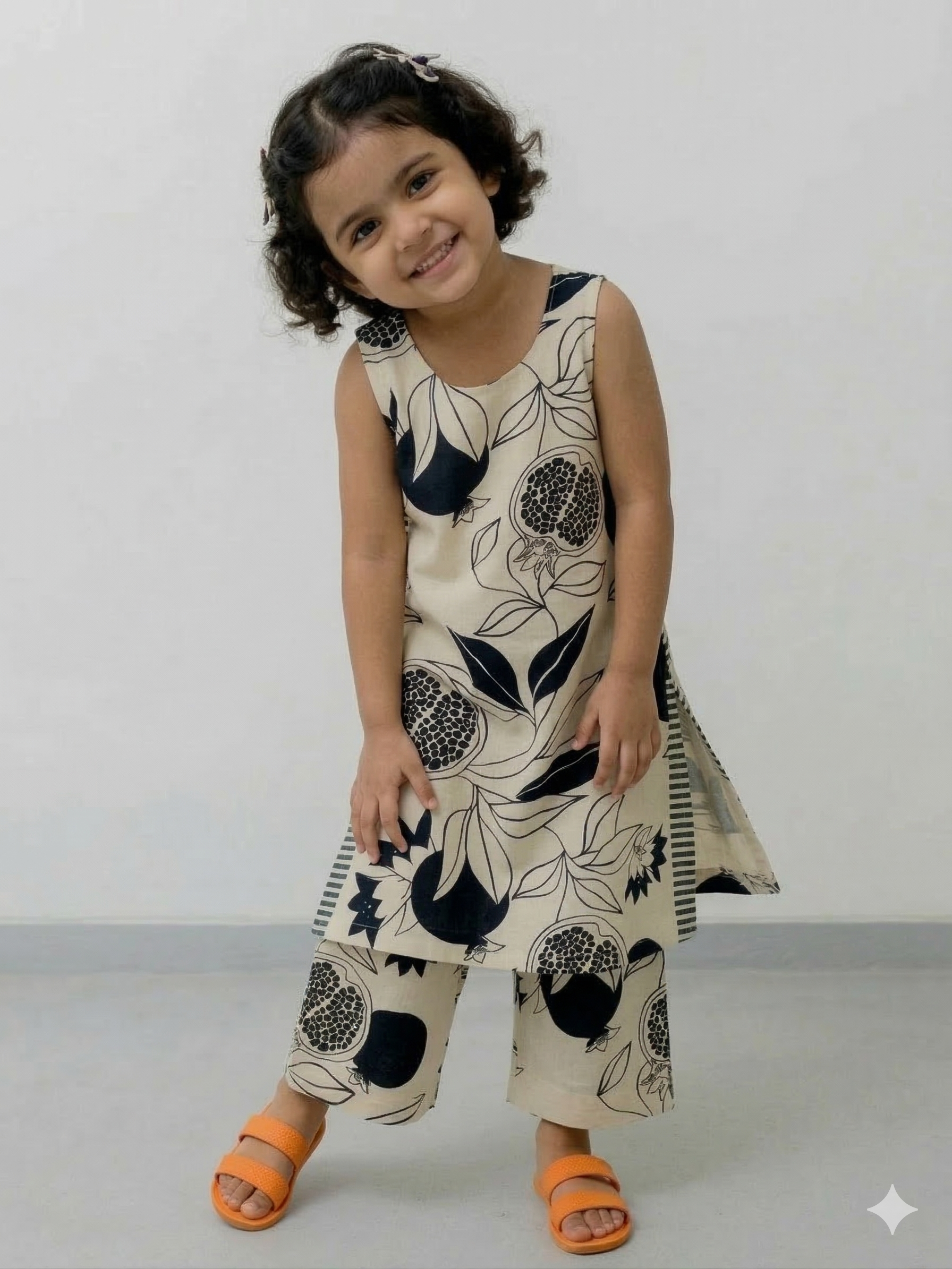 Slub Rayon Printed Kids Kurta & Pant Set – Cream and Black