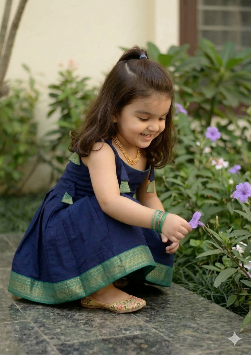 Navy Blue Chanderi Cotton Kids Frock with Jacquard Border