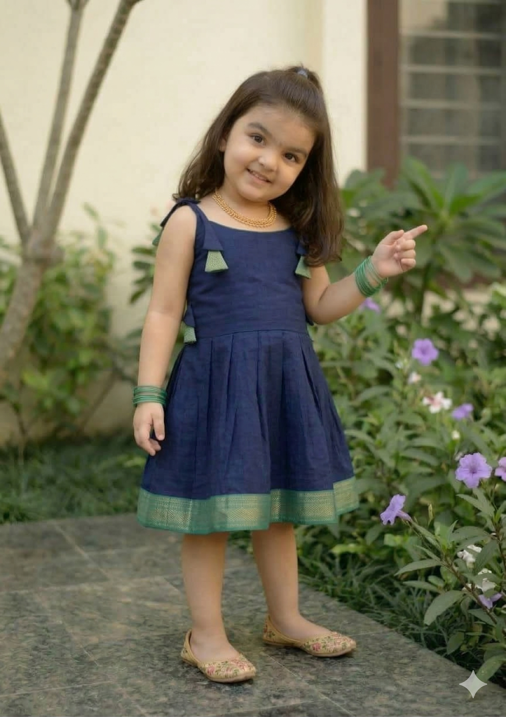 Navy Blue Chanderi Cotton Kids Frock with Jacquard Border