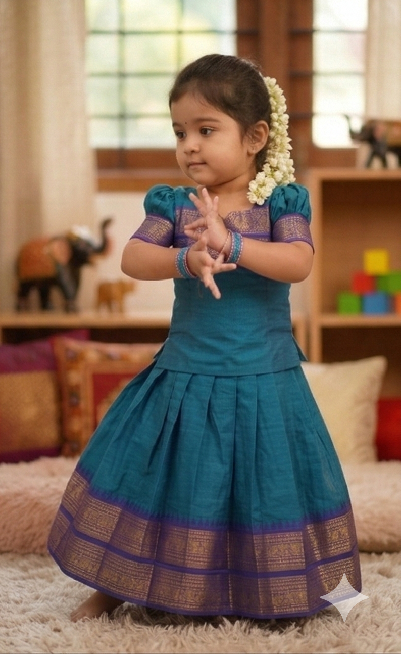 Chanderi Cotton Kids Top & Skirt Set with Jacquard Border Work