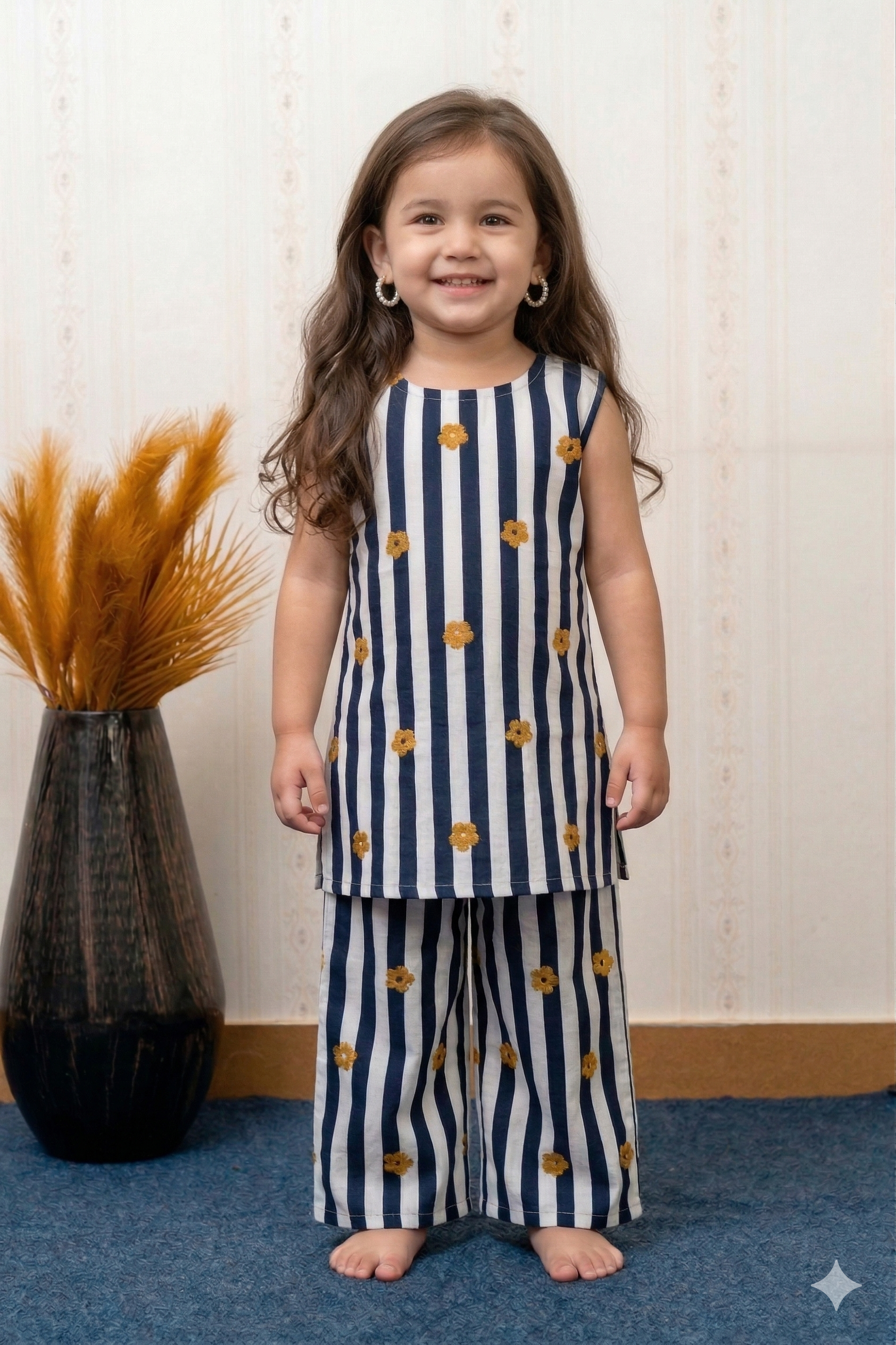 Stripe Bloom Slub Rayon Kurta Pant Set