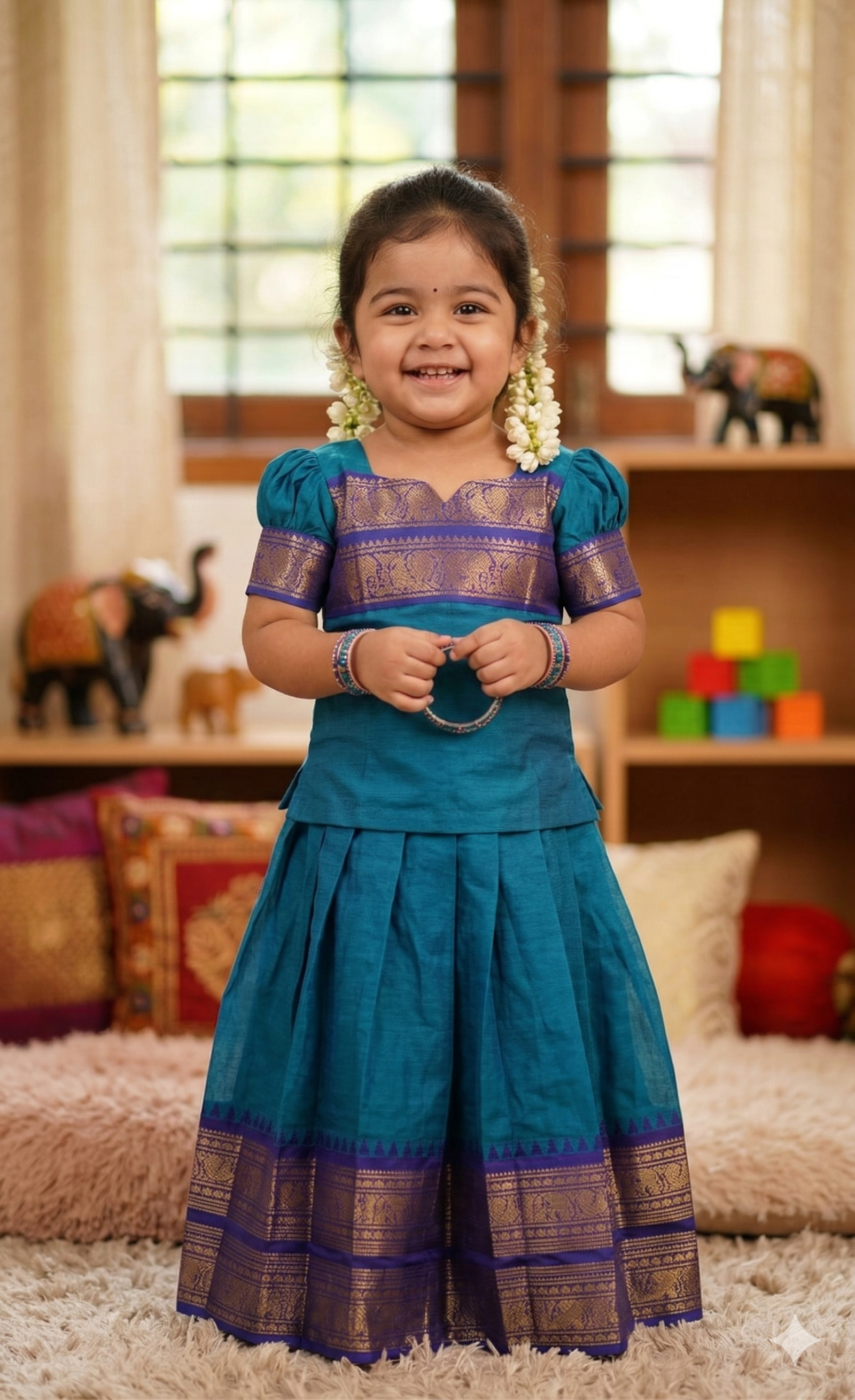 Chanderi Cotton Kids Top & Skirt Set with Jacquard Border Work