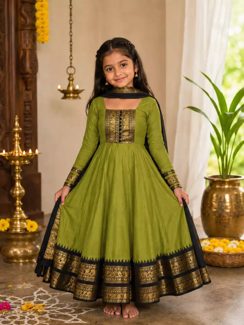 Girls Festive Cotton Blend Anarkali Set With Duppata